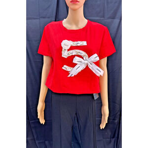 Red T-Shirt , short sleeve, roud neck, size L/XL, No.5 at front, white flower